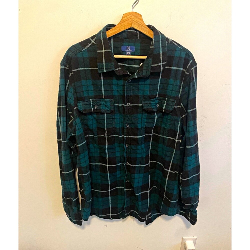 George Men's 2XLT Big & Tall Green/Black Plaid Flannel Button-Up Shirt Pockets